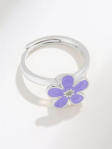 Platinum gold (purple) 925 Sterling Silver Enamel Flower Cute  Can Be Rotated Band Ring