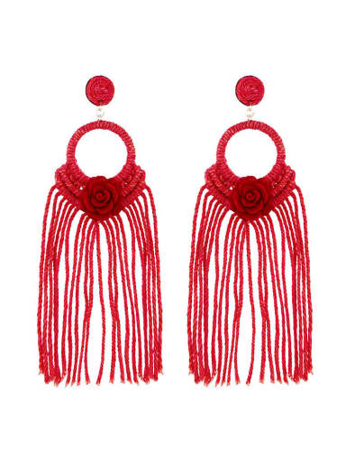 Red e68739 Alloy Cotton Tassel  FLower bohemian  hand-woven  drop earrings