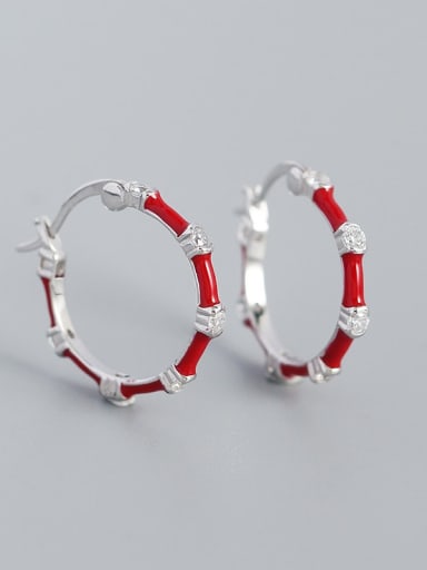 Platinum (red drop) 925 Sterling Silver Rhinestone Enamel Geometric Minimalist Hoop Earring