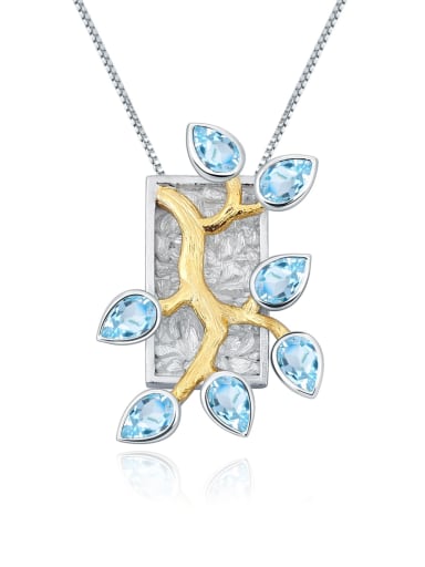 Swiss lantopa Stone Pendant+Chain 925 Sterling Silver Natural  Topaz Geometric Luxury Necklace