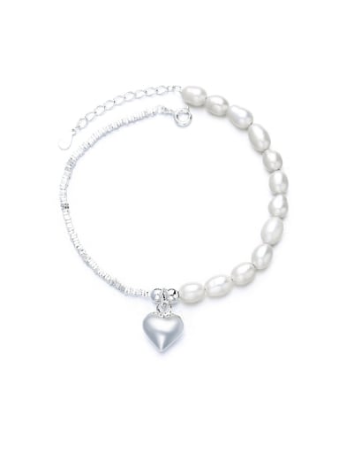 516LD Bracelet approximately 14.6g 925 Sterling Silver Freshwater Pearl Heart Minimalist Necklace