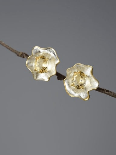 (Silver color yellow stone) LFJA0135E2 925 Sterling Silver Natural Stone Flower Artisan Stud Earring