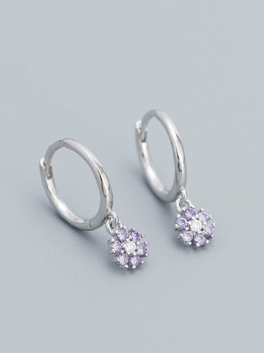 Platinum purple stone 925 Sterling Silver Cubic Zirconia Flower Vintage Huggie Earring