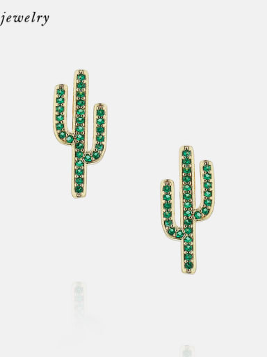 Brass Cubic Zirconia Cactus Dainty Stud Earring