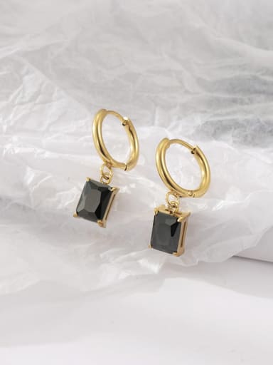 14K Gold ,Black Stone Titanium Steel Cubic Zirconia Rectangle Classic Hoop Earring