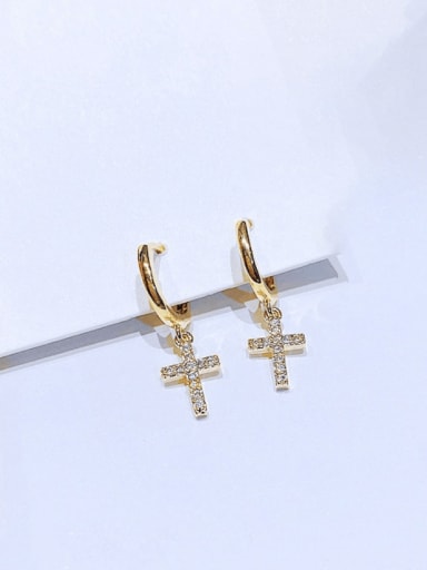 Gold Plated pair Brass Cubic Zirconia Cross Minimalist Huggie Earring