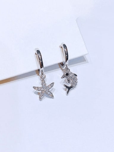 White Gold Plated pair Brass Cubic Zirconia Asymmetrical  Dolphin Sea Star Trend Huggie Earring