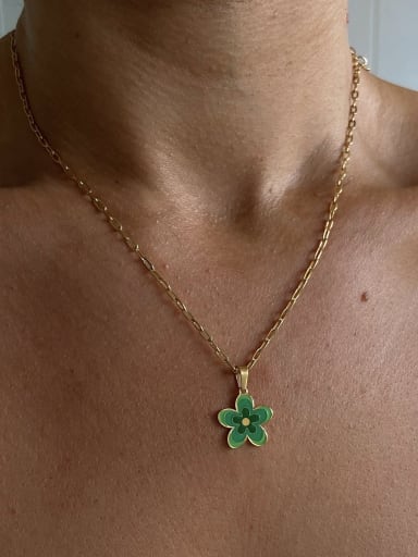 green Titanium Steel Enamel Flower Necklace