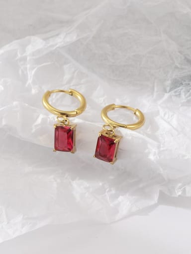 14K Gold ,Rose red Stone Titanium Steel Cubic Zirconia Rectangle Classic Hoop Earring