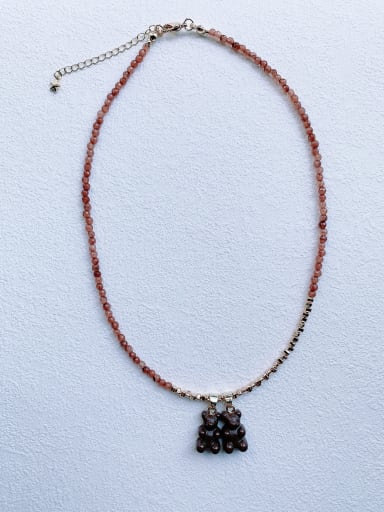 EAR-007 Natural Stone Chain Bear Pendant Cute Handmade Beaded Necklace