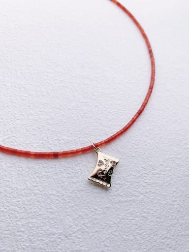 N-DIY-008 Brass Red Garnet Chain Geometric Pendant Bohemia Handmade Beaded Necklace