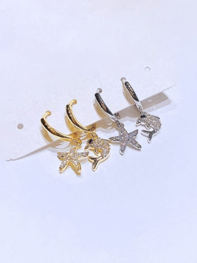 Two colors and two pairs Brass Cubic Zirconia Asymmetrical  Dolphin Sea Star Trend Huggie Earring