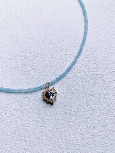 Aquamarine Beaded Chain+blue N-DIY-012 Aquamarine Chain Heart Pendant Minimalist Handmade Beaded Necklace