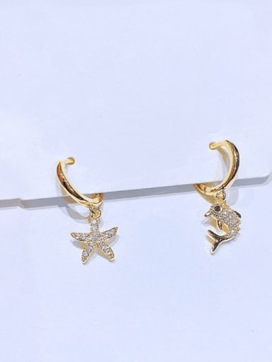 Gold Plated pair Brass Cubic Zirconia Asymmetrical  Dolphin Sea Star Trend Huggie Earring