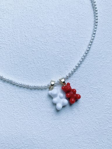White Red+Chian Brass Freshwater Pearl Bear Cute Beaded Necklace
