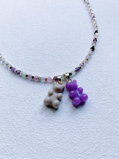 N-BEAR-003 Natural Stone Chain Bear Pendant Cute Handmade Beaded Necklace