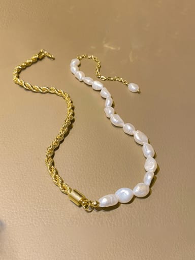 Brass Freshwater Pearl Vintage Asymmetrical  Twists Chain Necklace