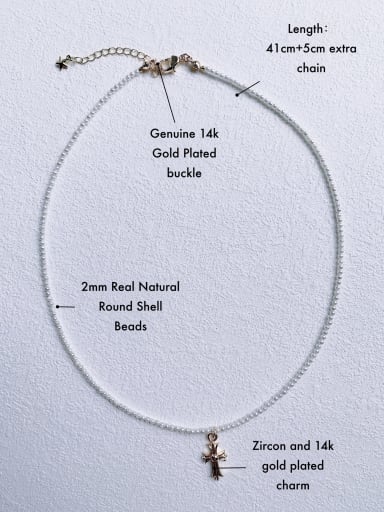 2mm Shell Pearl Chain+Cross N-DIY-009 Brass Imitation Pearl White Cross Bohemia  handmade Beaded Necklace