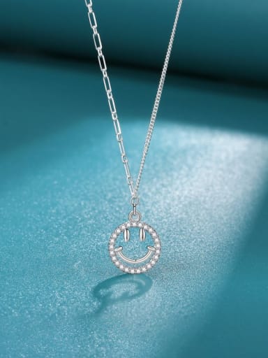 platinum 925 Sterling Silver Cubic Zirconia Smiley Minimalist Asymmetric Chain  Necklace