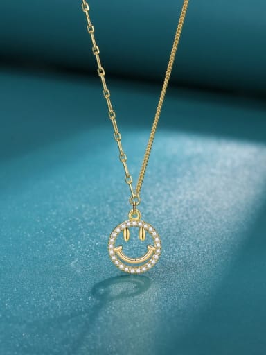Gold 925 Sterling Silver Cubic Zirconia Smiley Minimalist Asymmetric Chain  Necklace