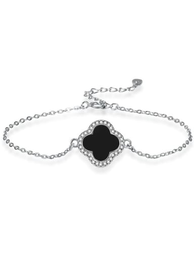 Platinum Color,black agate 925 Sterling Silver Clover Adjustable Bracelet
