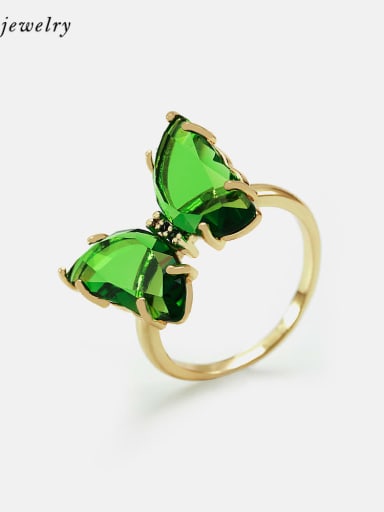 Brass Glass Stone Butterfly Minimalist Band Ring