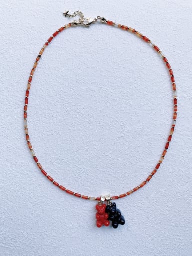 red  Chain+Two Bear Pendant N-BEAR-004 Natural Stone Chain Bear Pendant Cute Handmade Beaded Necklace