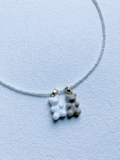 White gray+Chian Brass Freshwater Pearl Bear Cute Beaded Necklace