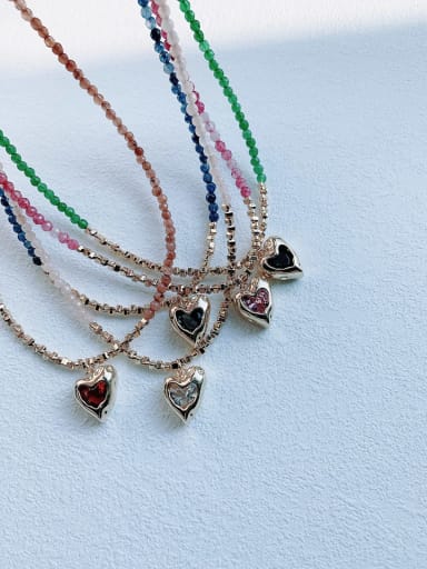 N-STPD-0004 Natural  Gemstone Crystal  Multi Color Bead Chain Heart Pendant Handmade Beaded Necklace