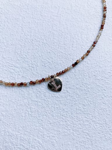 N-DIY-0013 Brass Brown Agate Chain Heart letter Pendant Bohemia Handmade Beaded Necklace