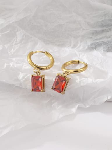 14K Gold, Red stone Titanium Steel Cubic Zirconia Rectangle Classic Hoop Earring