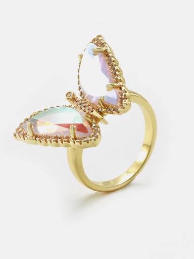 Brass Glass Stone Butterfly Minimalist Band Ring