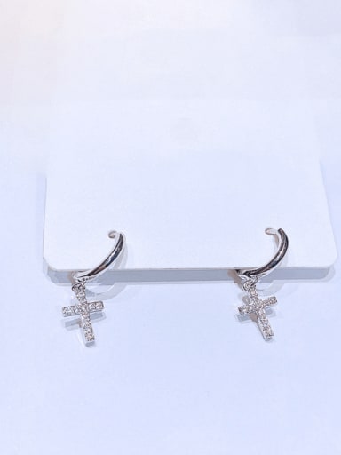 White Gold Plated pair Brass Cubic Zirconia Cross Minimalist Huggie Earring