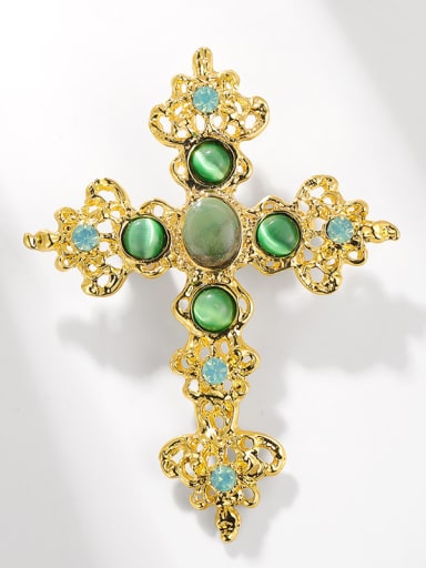 Golden Turquoise Cross Alloy Rhinestone Cross Vintage Brooch