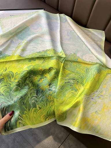 100% silk summer green wheat field oil painting spring and autumn thin section age-reducing white 70*70cm square scarf