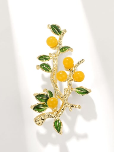 Golden Agate Persimmon Ruyi Brass Enamel Leaf Trend Brooch