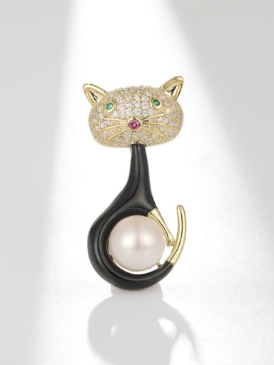 Golden Black and White Beizhu Cat Brass Freshwater Pearl Cat Dainty Brooch