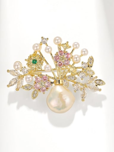 Golden and White Baroque Vase Alloy Freshwater Pearl Flower Dainty Brooch