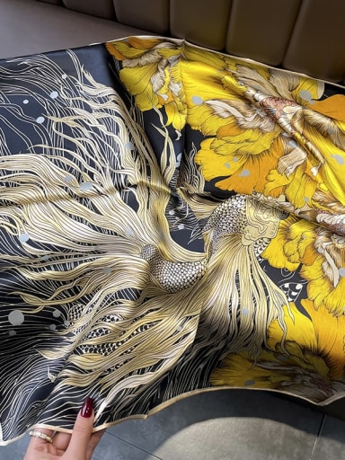 100% Silk Goldfish Peony Flower Chinese Style Retro 68*68cm Square Scarf