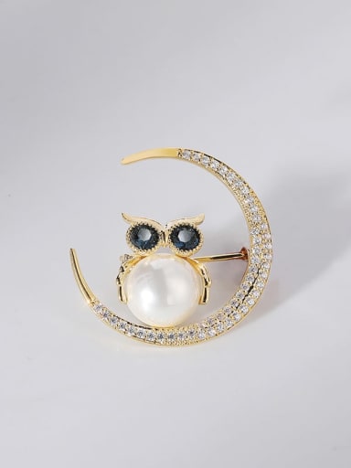 Brass Cubic Zirconia Owl Vintage Moon  Brooch