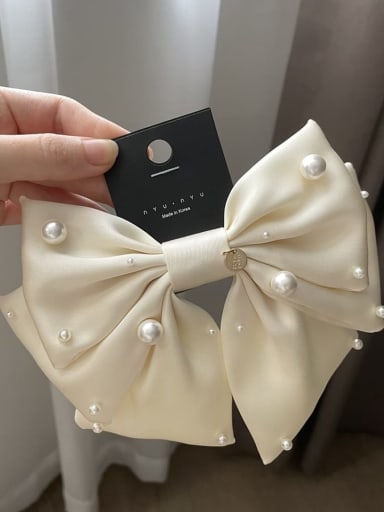 white Satin Vintage Imitation Pearl bow tie Hair Barrette