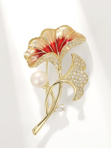 Golden Red and White Scallop Beads Brass Freshwater Pearl Enamel Leaf Dainty Brooch
