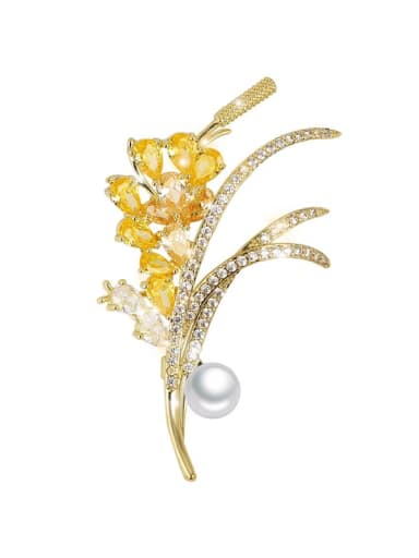 X2152 2 178 18K Golden White Pearl Brass Cubic Zirconia Flower Luxury Brooch