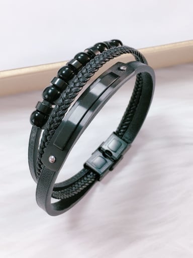 Black Stainless steel Bead Leather Irregular Trend Bracelet
