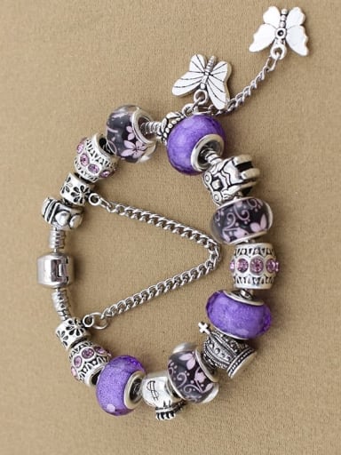 Purple Copper Alloy Rhinestone Glass beads Round Classic Charm Bracelet