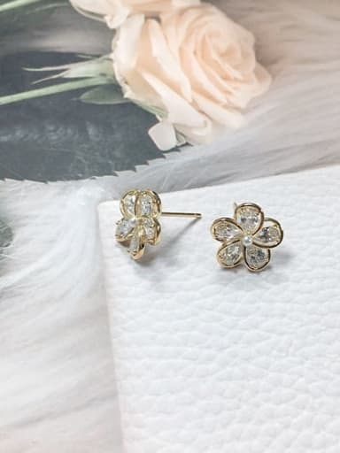 Gold Brass Cubic Zirconia Flower Minimalist Stud Earring