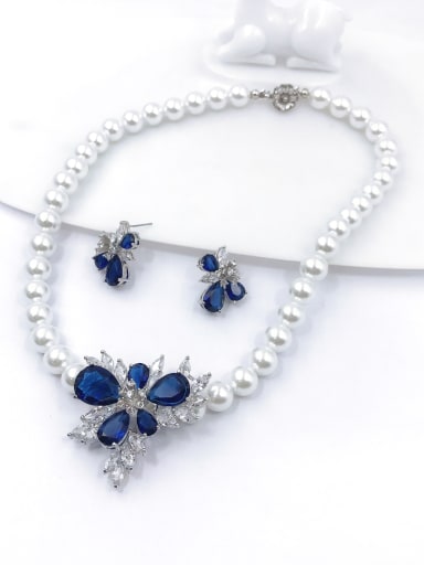 Luxury Flower Brass Cubic Zirconia Blue Earring and Necklace Set