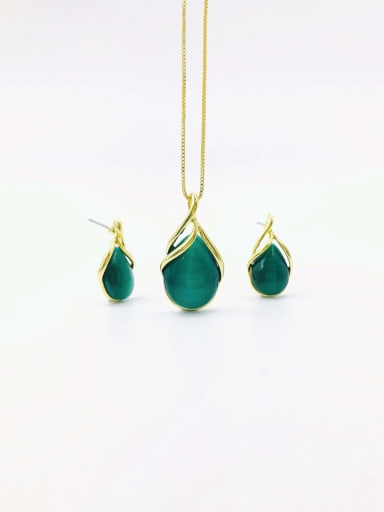 gold+green cat eye Zinc Alloy Trend Water Drop Cats Eye White Earring and Necklace Set