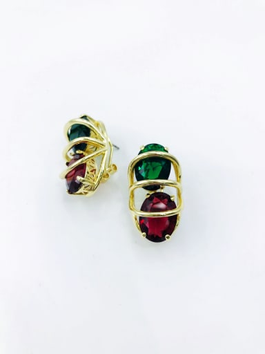 gold+green&red glass Brass Glass Stone Multi Color Oval Luxury Clip Earring