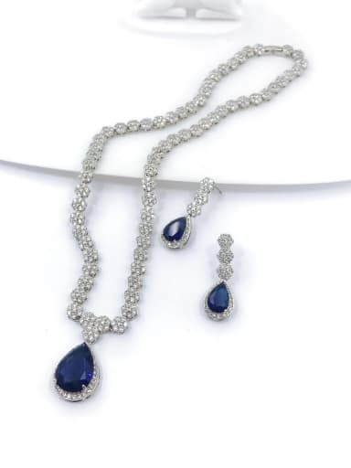 custom Classic Water Drop Brass Cubic Zirconia Blue Earring and Necklace Set
